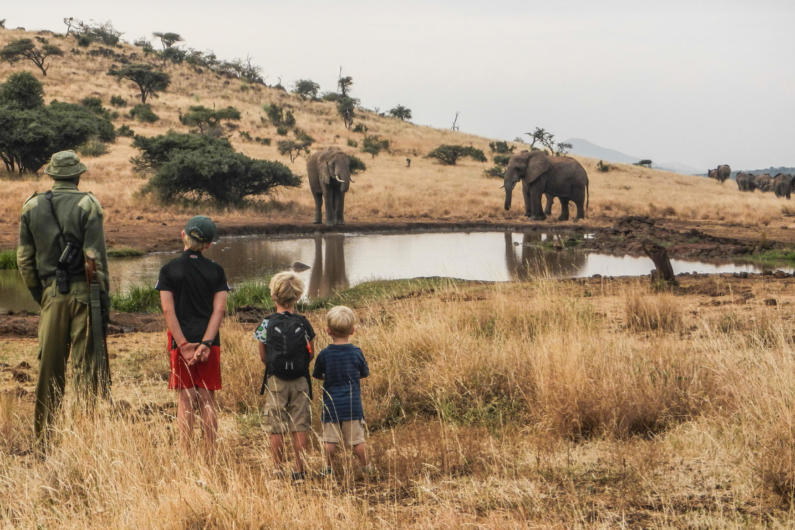 Children watching elephant on foot